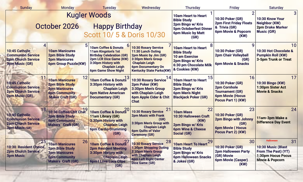 Kugler Woods Oct 26 calendar